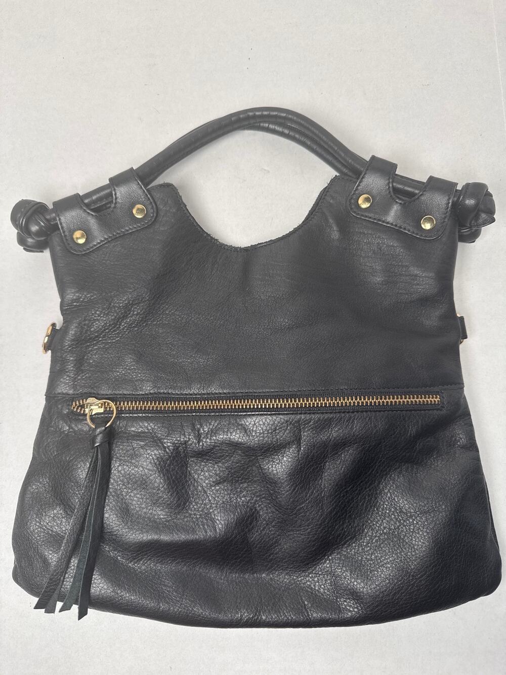 Pietro Alessandro Satchel Bag Womens Medium Black Leather Top Handle Gold Zip